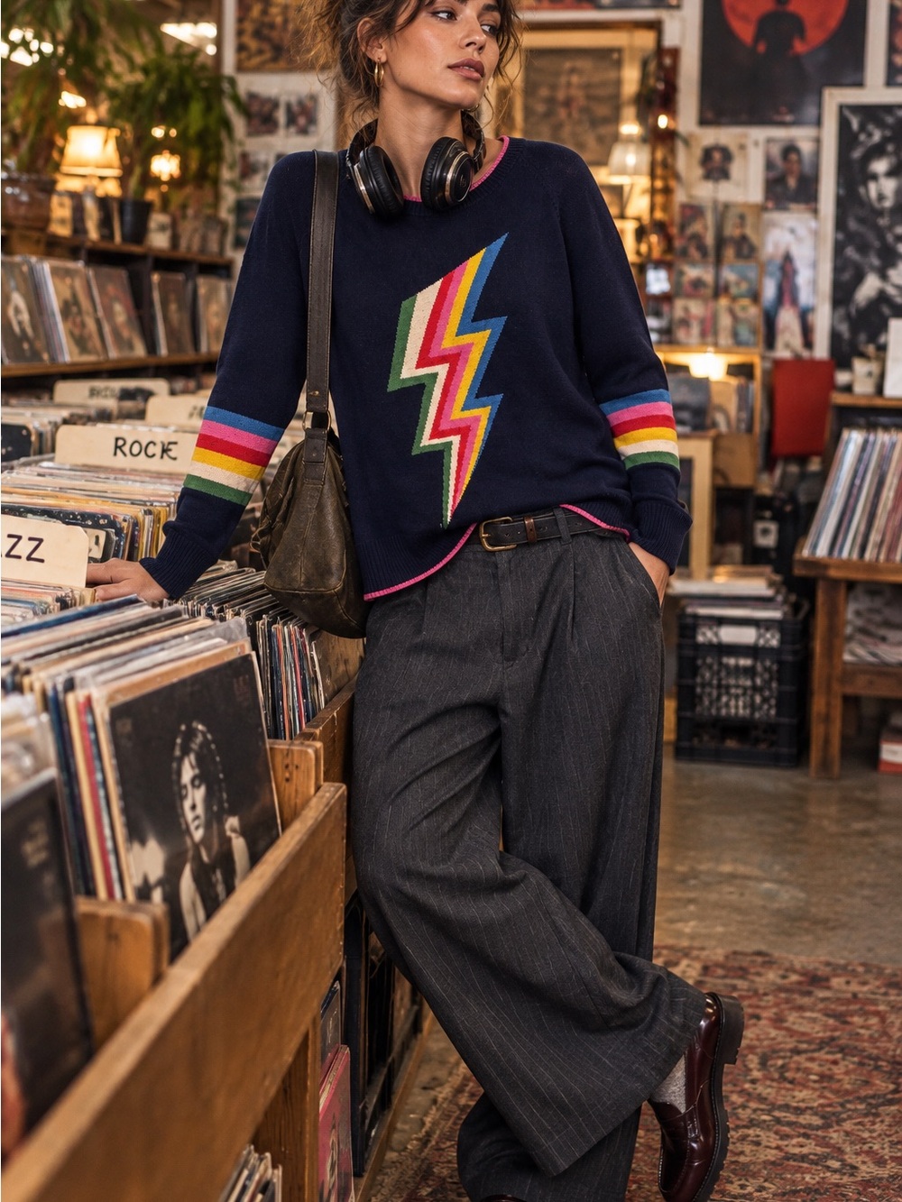 Boden Romy Rainbow Lightning Bolt Sweater Navy Wool Cotton Jumper
